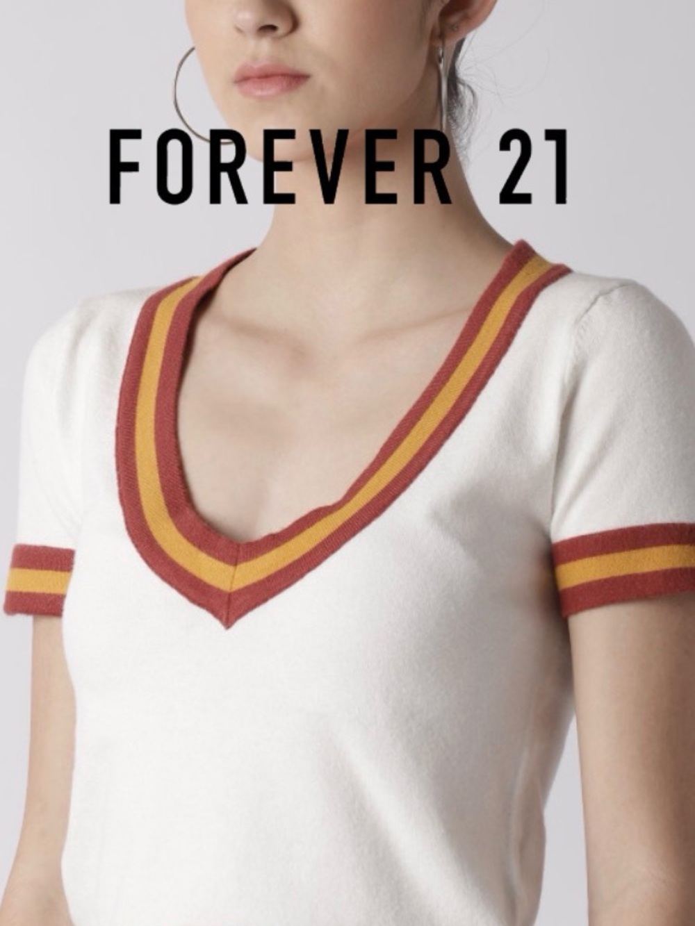 💙 Forever 21 White V-Neck Top with Ketchup and Mustard Stripes Size 1X